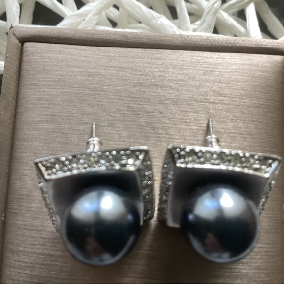 Jewelry - Sterling Silver Black Pearl Drop Earrings with Pave Accents
